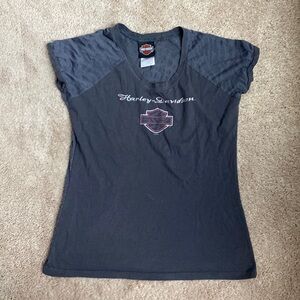 Harley Davidson Cap Sleeve Gray Tee Burnout Back Silver‎ Pink Logo Womens Medium